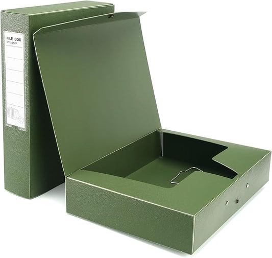 HUA JIE 2 Pack A4 Storage File Boxes Archives Case,65mm Spine,Box File Document Storage Box with Metal Clip for Office School -Green