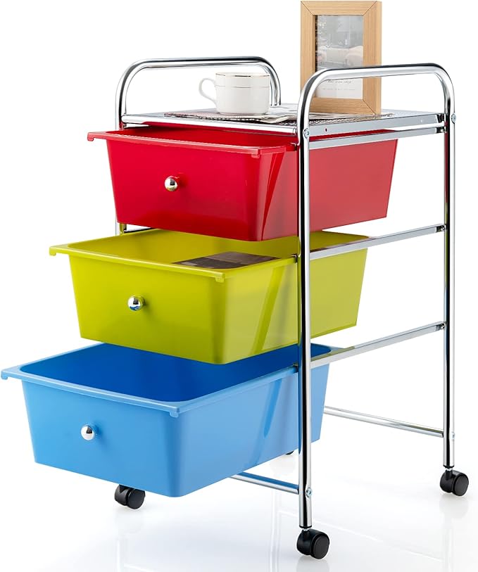 Giantex Rolling Cart with Drawers, Craft Organizer with Wheels, 3 Drawer Storage Container Bins for Back to School Office Scrapbook Paper Tools Red, Green & Blue
