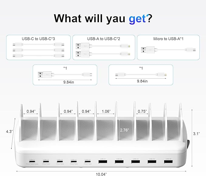 510W Fast Charging Station for Multiple Devices, 10 Port USB C Charger Station with Flame-Retardant Material & 8 Cables for iPhone, Android, iPad, Tablets, Family Office Desk Charging Dock Organizer