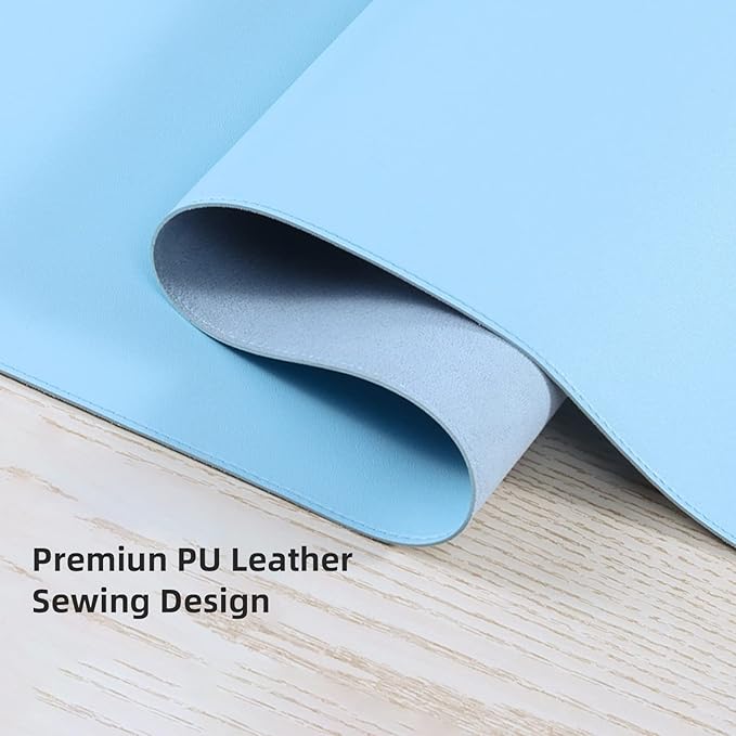 Wolaile Faux Leather Desk Pad Blotter,Waterproof Non-Slip Writing Desk Mat for Kids,36x17 in Desktop Protector Large Mouse Pad,Light Blue Office Home Table Cover