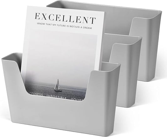 YOHOM No Drilling File Holder Wall Mails Magazines Organizer Adhesive Door Mount, Single Pocket, (White 1) (GREY, 3 PCS)
