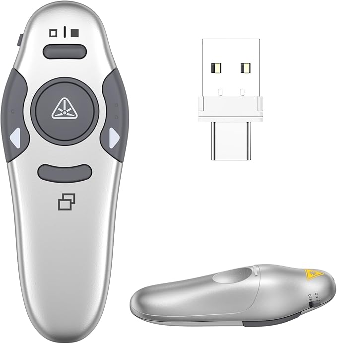 QUI Presentation Clicker Wireless Presenter Remote Clicker for PowerPoint Presentation Remote, PowerPoint Slide Advancer for Mac/Windows/Linux, Google Slide/PPT/Keynote, USB A&C, Silver