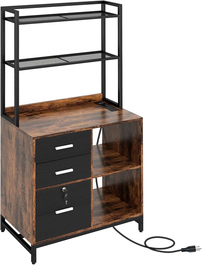 Livofloral Filing Cabinet with Charging Station, Files Cabinet with Shelves, 3 Drawer Office Organization, Printer Stand with Storage Shelves for Home Office, Lockable File Cabinets for Letters, Brown