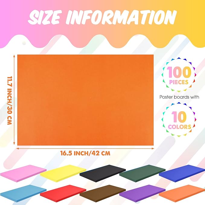 Yahenda 100 Pcs Colored Poster Boards 16 x 12 Inches 10 Assorted Color Poster Board Paper Cardstock Bulk Printer for Arts Exhibits Crafts and Notices(Bright Colors)