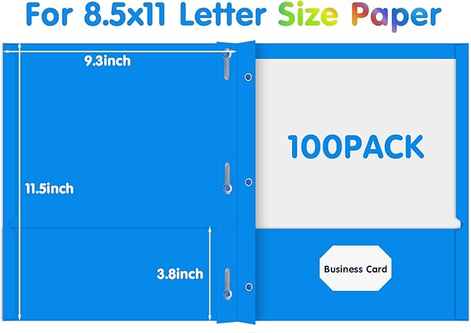 Two Pocket Folder, HERKKA 100 Pack 2 Pocket Folders with Prongs, Business Card Slots Letter Size Paper Folders Designed for Office and Classroom Use, Assorted 5 Colors