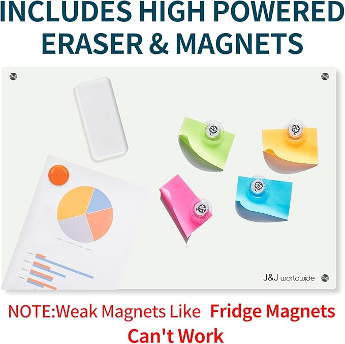 Magnetic Whiteboard, Glass Dry Erase Board 4' x 3' White Surface, White Board Frameless, Home School Supplies or Home Office Decor with Magnets, Markers, Eraser, Marker Tray