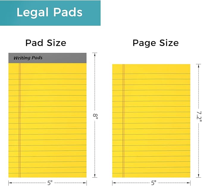 12pcs Legal Pads, Perforated Wide Ruled Writing Pad, Wide Ruled Legal Notepads, Lined Pads of Paper, Yellow paper Pads for office, school and daily notes(600 Sheets) (12, 5 X 8, Legal (5 x 8 inches))