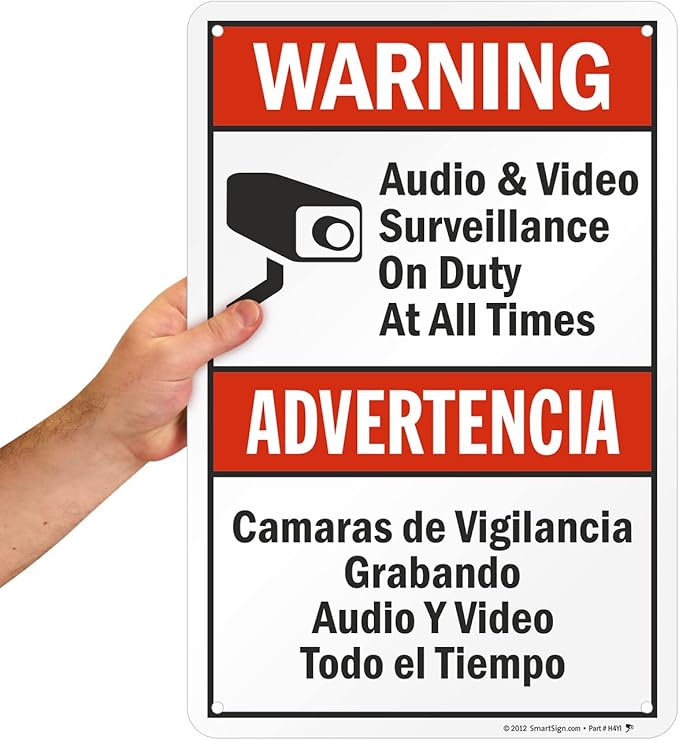 SmartSign 18 x 12 inch “Warning - Audio & Video Surveillance On Duty At All Times” Bilingual Sign, Digitally Printed, 55 mil HDPE Plastic, Red, Black and White, Made in USA