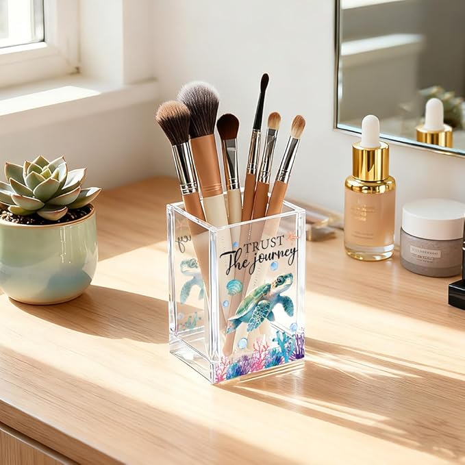 QYUVK Trust The Journey Acrylic Pencil Holder Cup, Inspirational Gifts for Friends Coworker, Funny Sea Turtle Pen Holder for Women Girls Turtle Lover, Pencil Cup for Desk, Marker Makeup Organizer