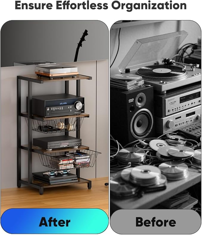 Ardier Media Stand with Two Detachable Baskets, 4-Tier AV Media Stand Corner Shelf for DVD Players/Cable Boxes/Games Consoles, Audio Storage Rack for Living Room, Gaming Room, Music Studio, Black