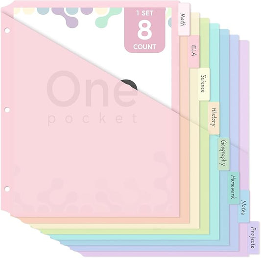 SKYDUE Pastel Binder Dividers with Pockets – 8-Tab Durable Plastic Dividers for 3-Ring Binder, Single Pocket File Organizers with Matching Label Stickers