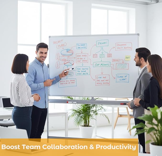 DexBoard Large Double Sided Whiteboard 72x40 inches on Wheels, Height Adjustable Mobile Magnetic Dry Erase Board with Rolling Stand for Office Meetings, Classroom Teaching, Home, Silver Frame