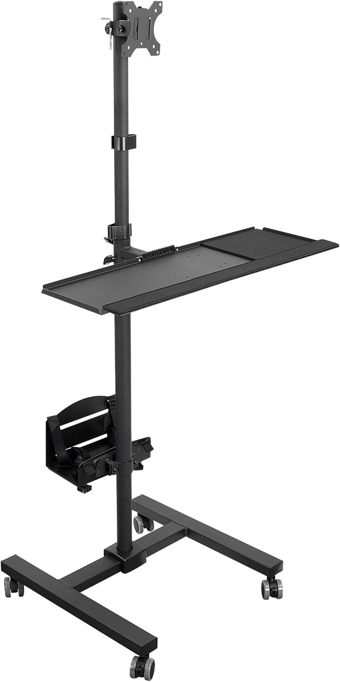 Mount-It! Rolling Computer Cart on Wheels, Mobile Desk Workstation with Monitor Mount for up to 32" Screen, Full Keyboard Tray, Floating Adjustable CPU Holder, Standing up to 70" Tall