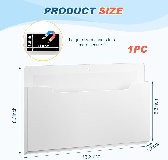 Feifeiya Magnetic Pocket File Holder Large File Folder Organizer Paper Mail Letters Holder Wall Hanging Office Supplies for Refrigerator Whiteboard Cabinets(13.8 x 8.3 Inch,Horizontal,White)