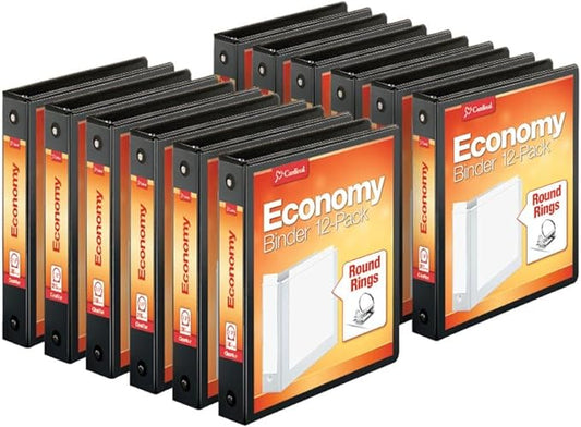 Cardinal Economy 3-Ring Binders, 1.5", Round Rings, Holds 350 Sheets, ClearVue Presentation View, Non-Stick, Black, Carton of 12 (90630)