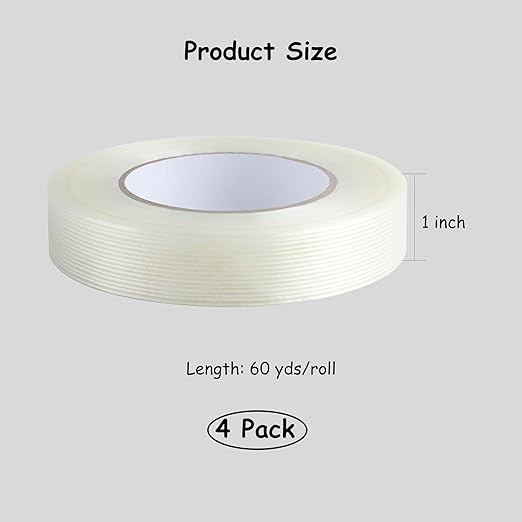 Lichamp Mono Filament Strapping Tape, 4 Roll 1 Inch x 60 Yards 5.9 Mil Transparent Fiberglass Tapes, Reinforced Packing Tape