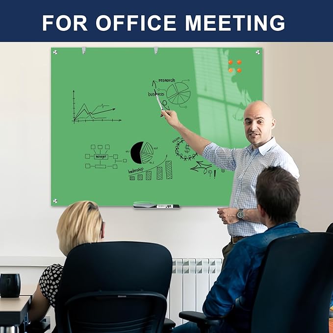 TSJ OFFICE Glass Dry-Erase Board - 48 x 32 Inches Wall Mounted Glass Whiteboard, Large Frameless Magnetic White Board for Office, Home & School, Green