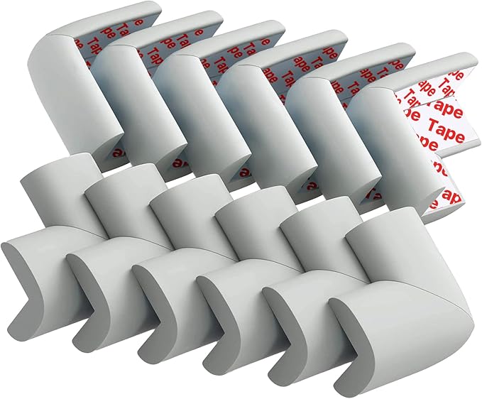 12 Pack Corner Protector Baby Proofing Corners and Edge Guards, Soft Safety Pre-Taped Rubber Foam Furniture Bumper for Fireplace, Table, Stair, Cabinet (Gray)