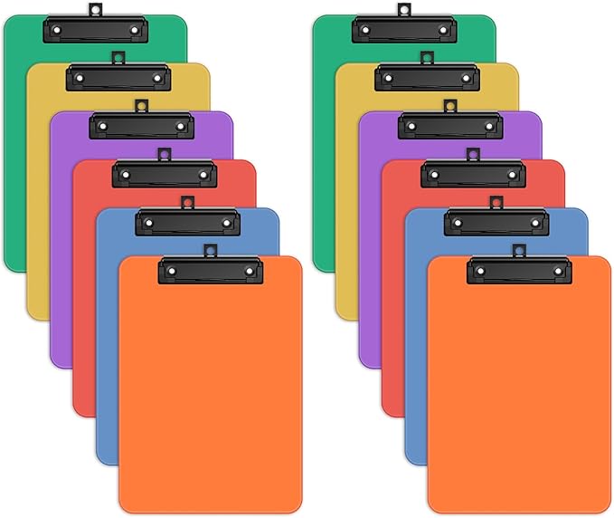 Zoenley A4 Plastic Clipboard Set of 12, Bright Colorful 12.5 x 9 Letter Size for Classroom, Students, Teacher, Nurse, 8.5 x 11 Clip Board with Low Profile Black Clip, Office & School Supplies