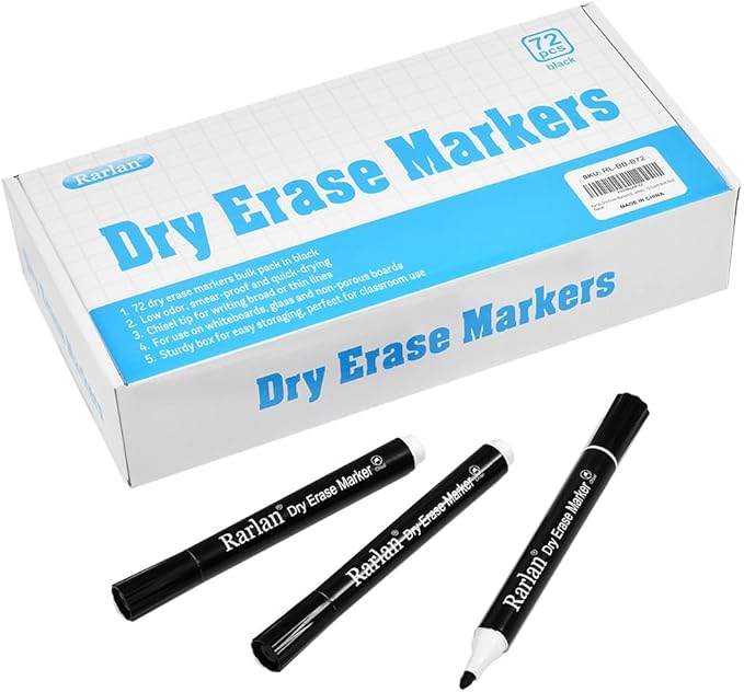 Rarlan Dry Erase Markers Bulk, Chisel Tip, Black, Whiteboard Markers, 72 Count Bulk Pack