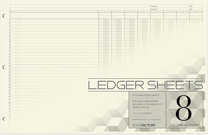 BookFactory Ledger Sheets/Large 8 Column Accounting Ledger Columnar (Eight Columns) Loose Leaf Paper - 17'' x 11'', 50 Pages, Loose Leaf, 3 Hole Punched (Made in USA)