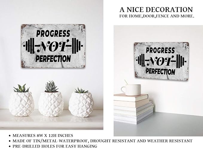 Tarika Progress Not Perfection 20X30 cm Iron Retro Look Decoration Poster Sign for Home Gym Inspirational Quotes Wall Decor