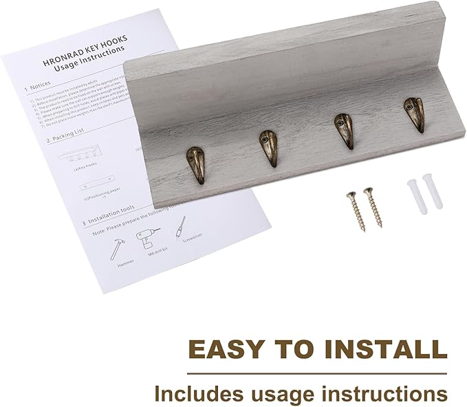 HRONRAD Rustic Key Holder for Wall, Farmhouse Wall Shelf with 4 Hooks, Wall Mounted Key Racks, Wooden Mail Organizer with Hooks for Entryway (Grey)