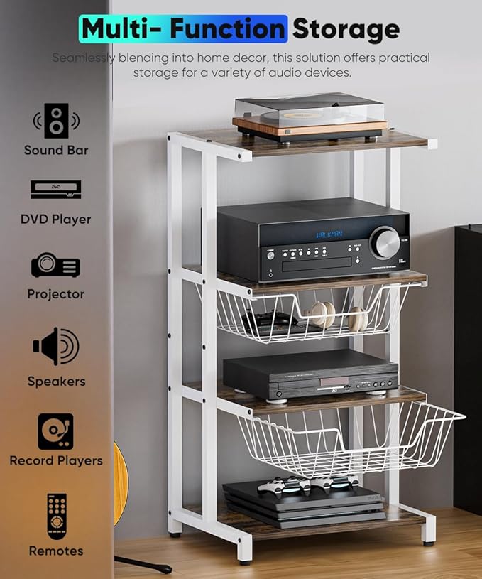 Ardier Media Stand with Two Detachable Baskets, 4-Tier AV Media Stand Corner Shelf for DVD Players/Cable Boxes/Games Consoles, Audio Storage Rack for Living Room, Gaming Room, Music Studio, White