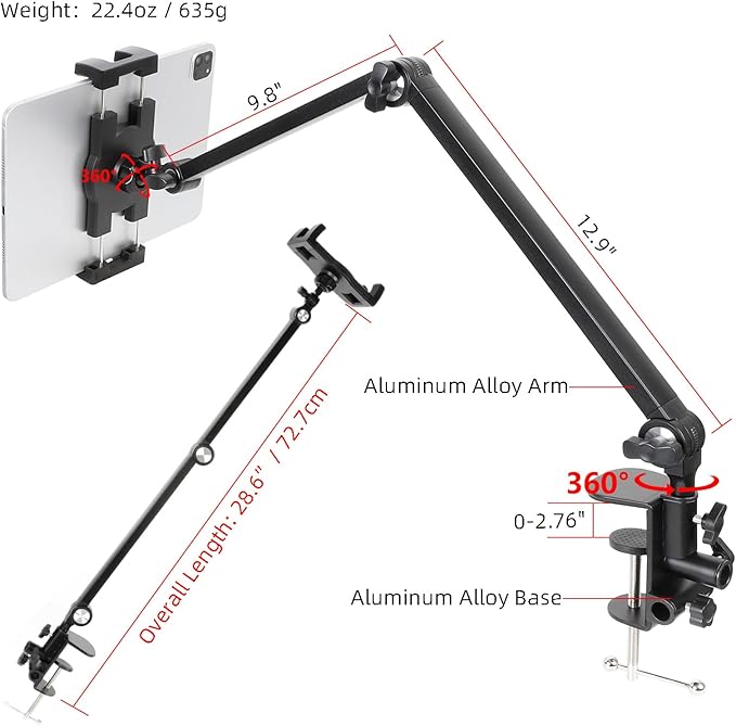 ZUZUXI iPad Desk Mount, Adjustable Foldable Tablet Aluminum Arm, 360° Rotation, Tablet Stand Holder for Bed, Fits 4.7"-15" iPad Pro/Air/Mini, Phones, Galaxy Tab, Portable Monitor