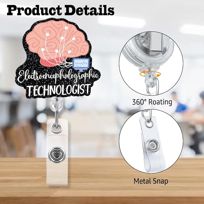 Sixrip Electroencephalographic Technician Retractable Glitter Badge Reel with Alligator Clip, Funny Badge Holder Gift for Electroencephalophy Tech EEG Doctor Nurse Nervous System Medical Office Work