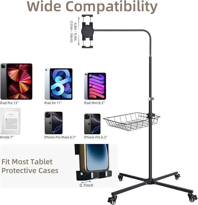 Coslony Adjustable Floor Standing Tablet Stand with Storage Basket, Mobile Rolling Base, Height Adjustable Metal Frame