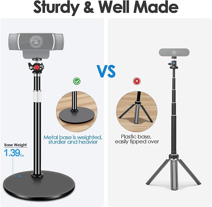 Nycetek Webcam Tripod Stand for Desk: Webcam Stand for Logitech Brio | C920 | C922 | C615 | C930e - Height & Angle Adjustable Desktop Tripod for Light & 1/4" Thread for Live Streaming | Video Calling