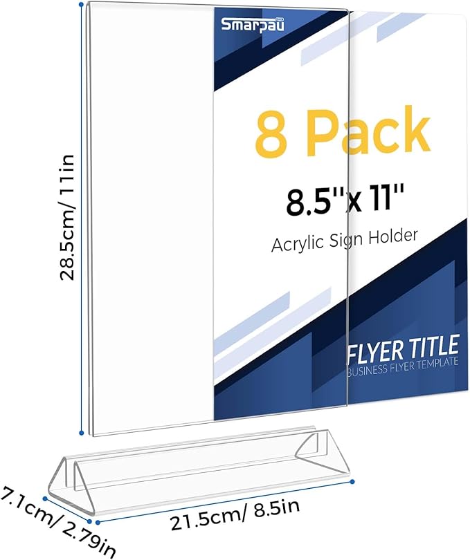 Smarpau Acrylic Sign Holder 8.5x11, 8 Pack Double-Sided Picture Frames Display Stand, Clear Table Number Holders, Plastic Menu Flyer Photo Holders for Office Store Restaurant
