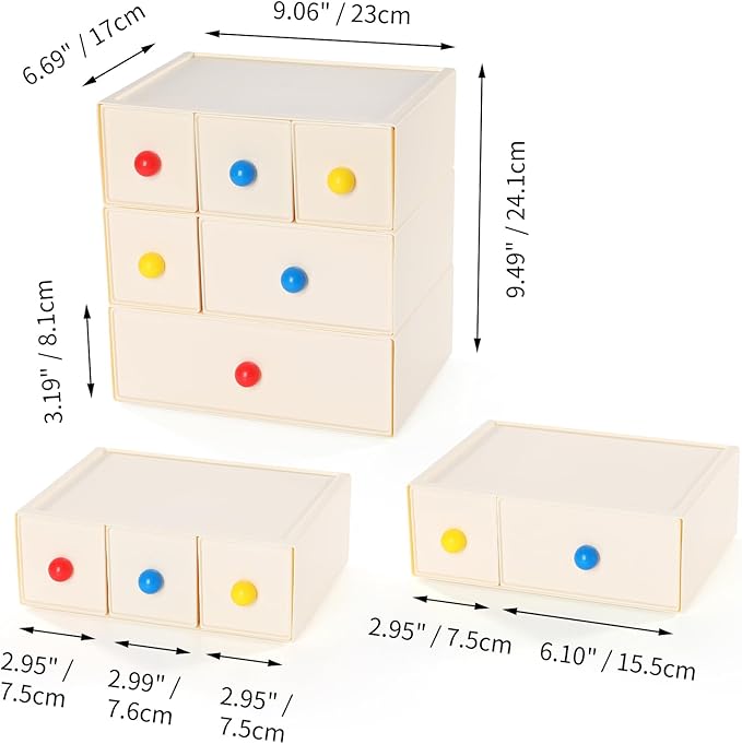 OSteed Desktop Drawers, Desk Organizer with 6 Drawers & Dopamine Handles, Stackable Craft Storage Box for Home Collection, Cosmetics, Office Supplies (3 Tiers, Cream)