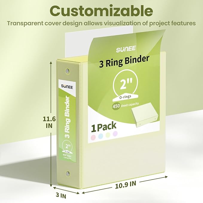 SUNEE 3 Ring Binder 2 Inch 1 Pack, Clear View Binder Three Ring PVC-Free (Fit 8.5x11 Inches) for School or Office Supplies, Light Yellow