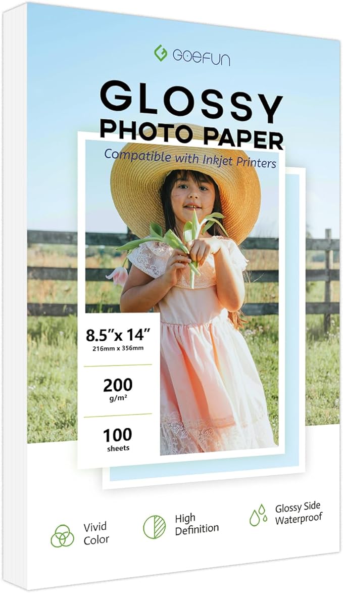 Glossy Photo Paper 8.5 x 14, Goefun 200 GSM/54 LB Legal Printer Paper for Inkjet Printer and Dye Ink, 100 Sheets
