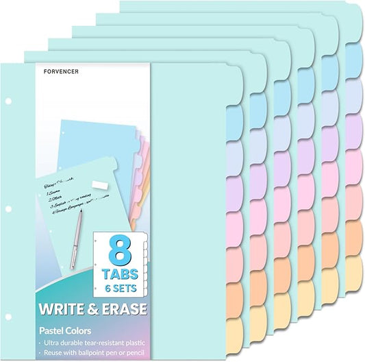 Forvencer 48Pcs/6Set Binder Dividers with Big 8 Tabs, Write&Erase Plastic Dividers for 3 Ring Binder, Tab Divider with Sticker Labels for Student, Teacher, Office, Home Organizers, School Supplies