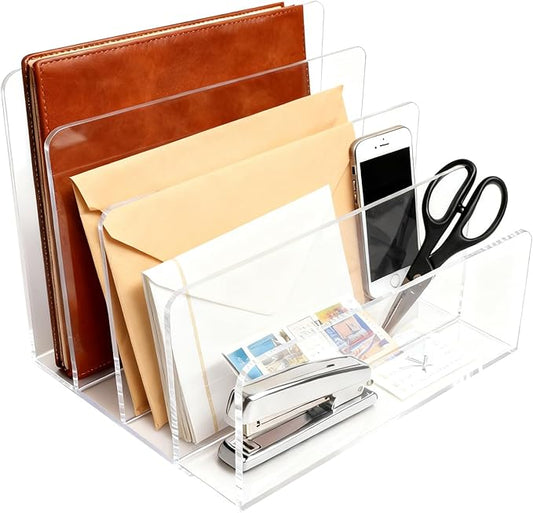 itechpanda Acrylic Mail Holder Clear File Sorter Desk Organizer Clean Desktop Vertical Desk Letter Sorter with 5 Compartments for Office Home Envelope Bill Document Notebook File Paper (Large)