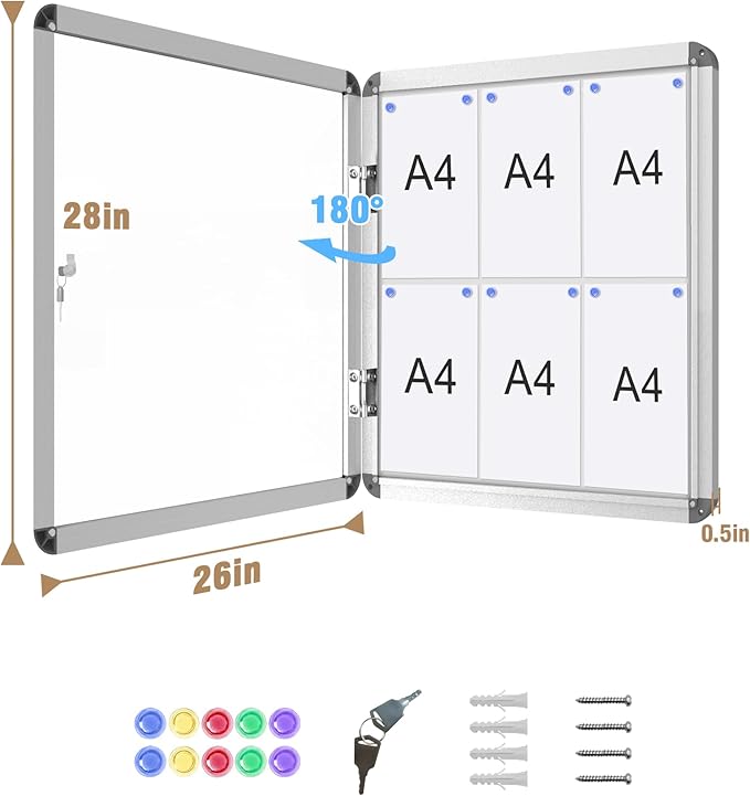 Mifuro 28"x26" Enclosed Bulletin Board, Lockable Weather-Resistant Aluminum Noticeboard for School & Office, Silver Frame w/Magentic Whiteboard