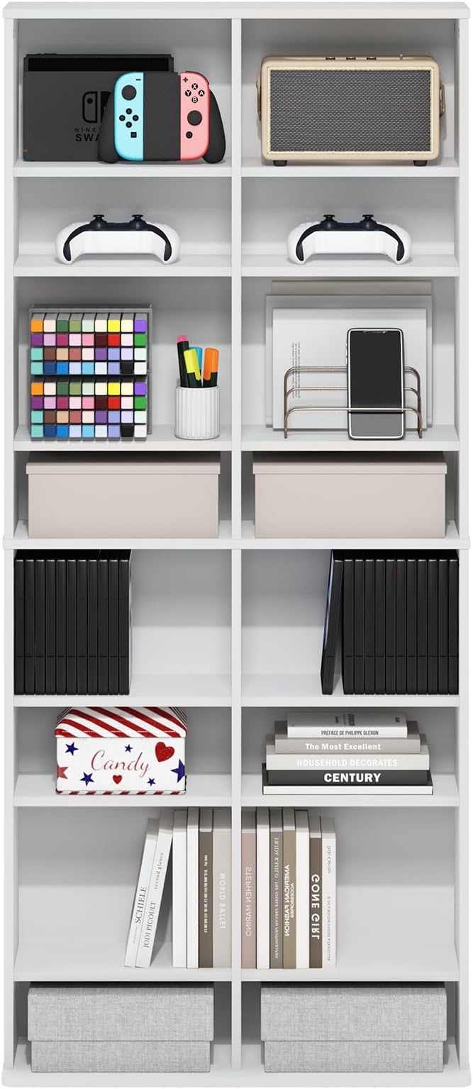 Furinno Jaya DVD Shelf, 16-Shelf Wide CD Rack, Media Shelf with Adjustable Shelves, 8 x 2 DVD Storage Cabinets for CD Blueray Game Disc, Easy Assembly, for Living Room, Home Office, White