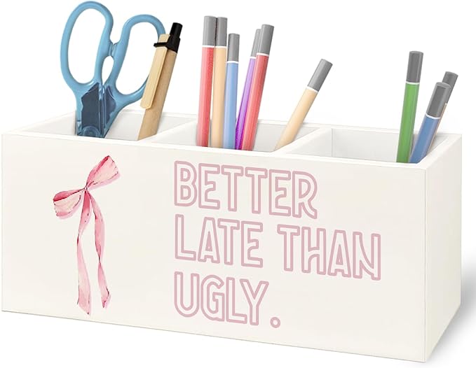 URLLUAE Better Late Than Ugly Funny Pink Makeup Brush Toothbrush Holder Organizer for Bathroom Vanity, Coquette Pink Bow Preppy Wooden Pen Pencil Holder for Desk Accessories
