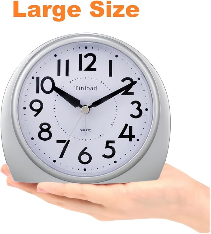 Tinload 5.5" Large Analog Alarm Clock Silent Non Ticking, Gentle Wake, Beep Sounds, Increasing Volume, Battery Operated Snooze and Manual Light, Easy Set,Silver(Best for Elder)