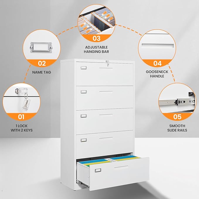 AFAIF 5 Drawer File Cabinets for Home Office, Metal Filing Cabinet with Lock, White Locking File Caninet Five Drawer, Office Storage Caninets Steel Cabnet for Letter/Legal/A4/F4-Assembly Required