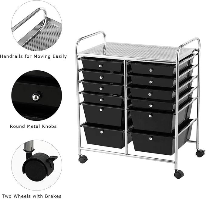LDAILY 12 Drawer Rolling Storage Cart, Craft Cart Organizer on Wheels w/Metal Frame, Large Capacity & Smooth Drawer, Rolling Cart w/Drawers for Classroom, Office