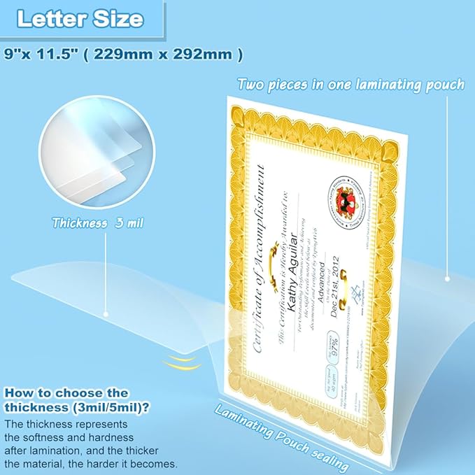 Laminating Sheets 9 x 11.5, 5 Mil Laminating Pouches 100 PCS Clear Thermal Laminate Sheets Holds 8.5 x 11 Inch Sheets, Universal Lamination Paper for Laminator, Photos, Files, Round Corner