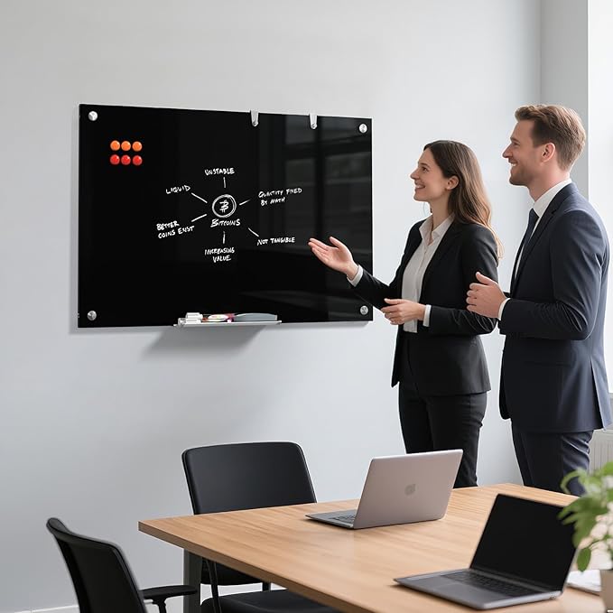 MaxGear Glass Whiteboard, Tempered Magnetic Dry Erase Board Black, Frameless Wall Mounted, Office Classroom Conference Room Home Use, Includes Markers, Eraser, Magnets & Mounting Kit