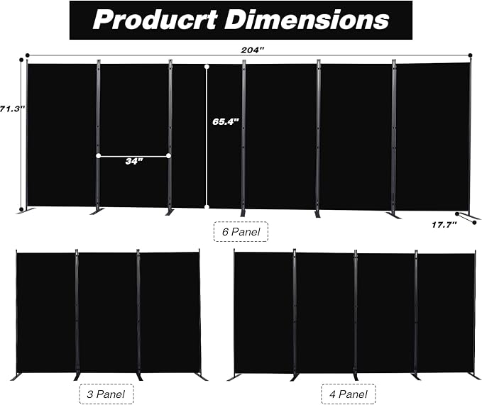 CHOSENM Room Divider, 6 Panel Folding Privacy Screens with Wider Support Feet, 6 Ft Portable Room Partition for Room Separator, 204" W X 71" H, Black