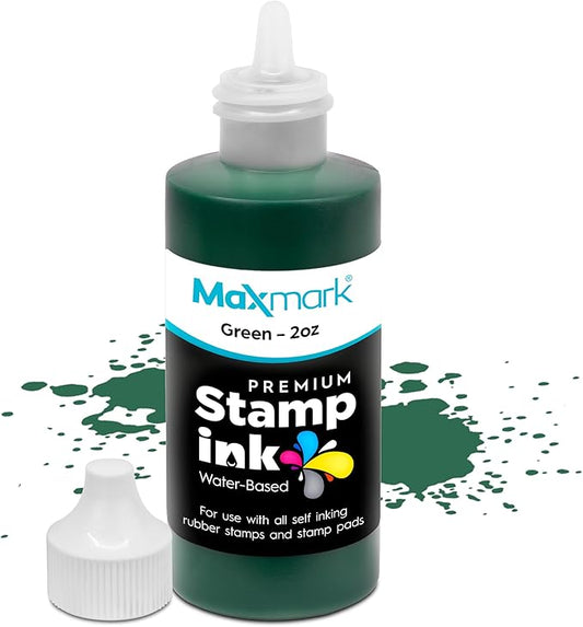 MaxMark Premium Refill Ink with Control Tip Bottle for Self-Inking Stamps, Green Color - 2 oz.