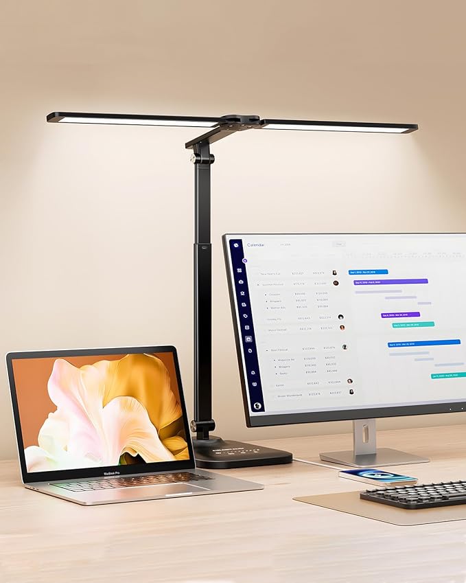 CHARYJOD LED Desk Lamp for Office Home, Height Adjustable Architect Desk Light with USB Adapter, Stepless Dimming Desk Lamp Light for Reading, Study, Workbench