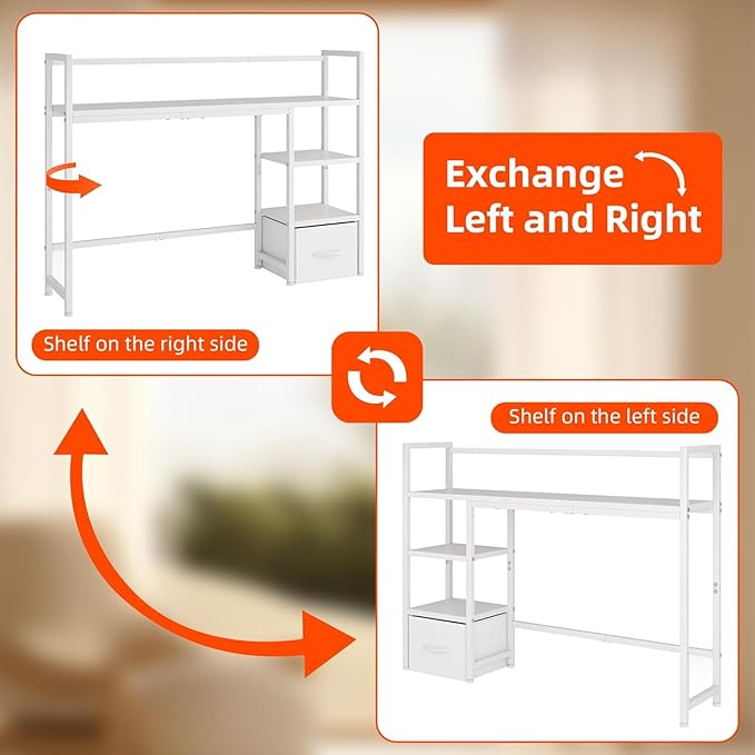 Desk Shelf with Drawer, 41.3" Desktop Organizer Shelf, Desk Hutch for Computer Monitor Max 32", 3 Tier Desktop Display Rack, Wooden Desk Top Bookshelf Storage Rack for Home Office Dorm, White